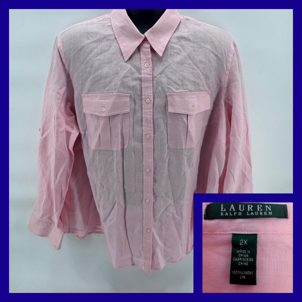 Lauren Ralph Lauren Pink Linen Button Up Shirt Women's 2X Long Sleeve‎ Roll Tab